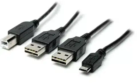 Comparison of multiple USB cable types including USB A, USB B, and micro USB