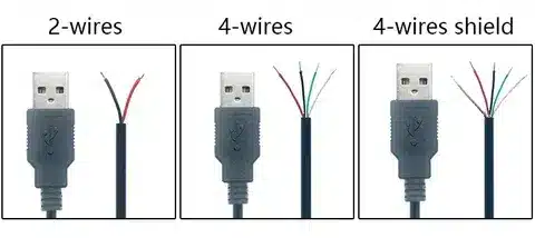 Comparison of USB cables showing 2 wire, 4 wire, and shielded wiring for connections
