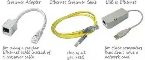 USB to Ethernet adapter and Ethernet crossover cable options for connecting devices