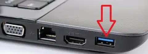 USB port on laptop with arrow pointing to Type A connector