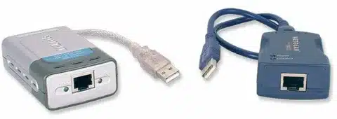 Two types of USB to LAN converters with Ethernet ports for connecting devices to wired networks