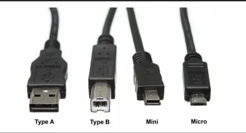 Comparison of USB Type A, USB Type B, Mini USB, and Micro USB ports.