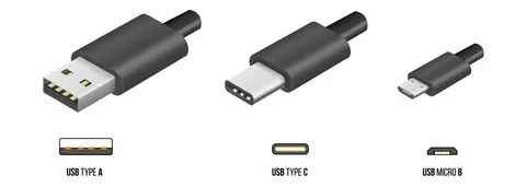 diagram showing USB Type-A, USB Type-C, and Micro-B connectors side by side