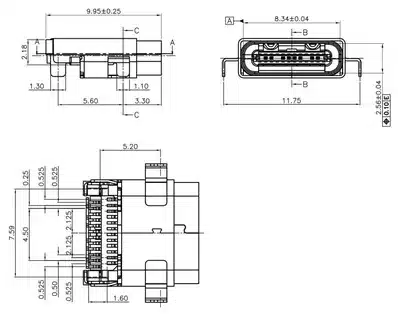 Technical engineering drawing of USB Type-C connector with measurements