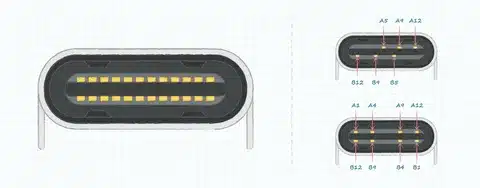 Schematic view of USB Type-C pin assignment with connector details