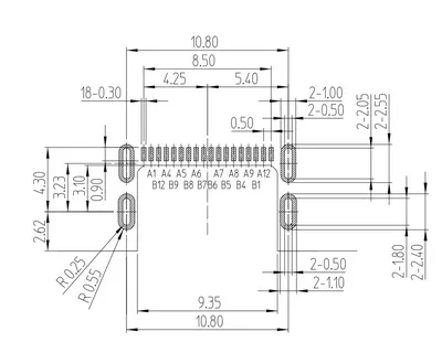 USB Type-C pin layout with labeled pin rows A and B in technical diagram