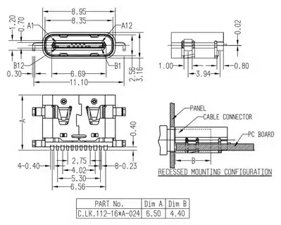 Technical drawing of USB Type-C pin layout with measurements
