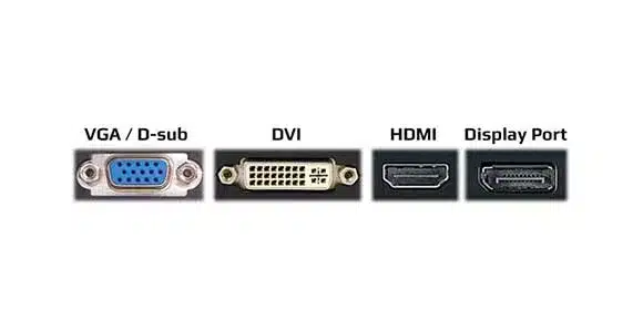 comparison of VGA, DVI, HDMI, and DisplayPort connectors on monitor back panel