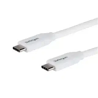 High speed white USB-C to USB-C charging cable.
